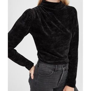 Express Black Chenille Ruched Puff Shoulder Mock Neck Long Sleeve Top